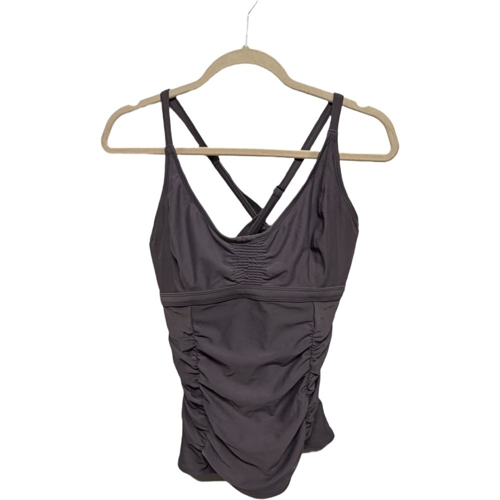 Athleta Aqualuxe Twistini Tankini Top 36D/DD Purple Underwire Ruched Swim